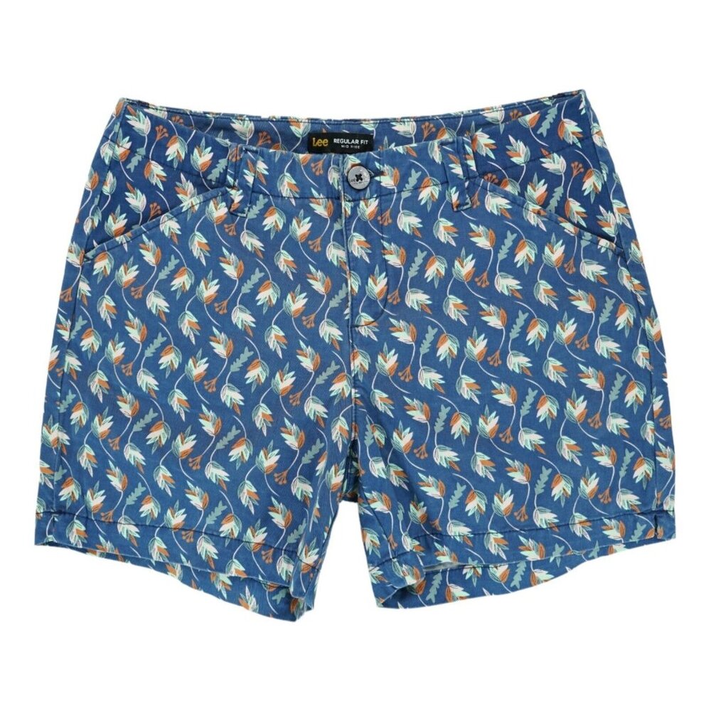 LEE Allover LEAF Print Women's Regular Fit Mid Rise Navy Blue 5" Shorts Waist 31